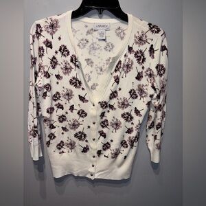Carmen Marc Valvo Women's White Purple Floral Cardigan Snap Buttons 3/4 Sleeve S